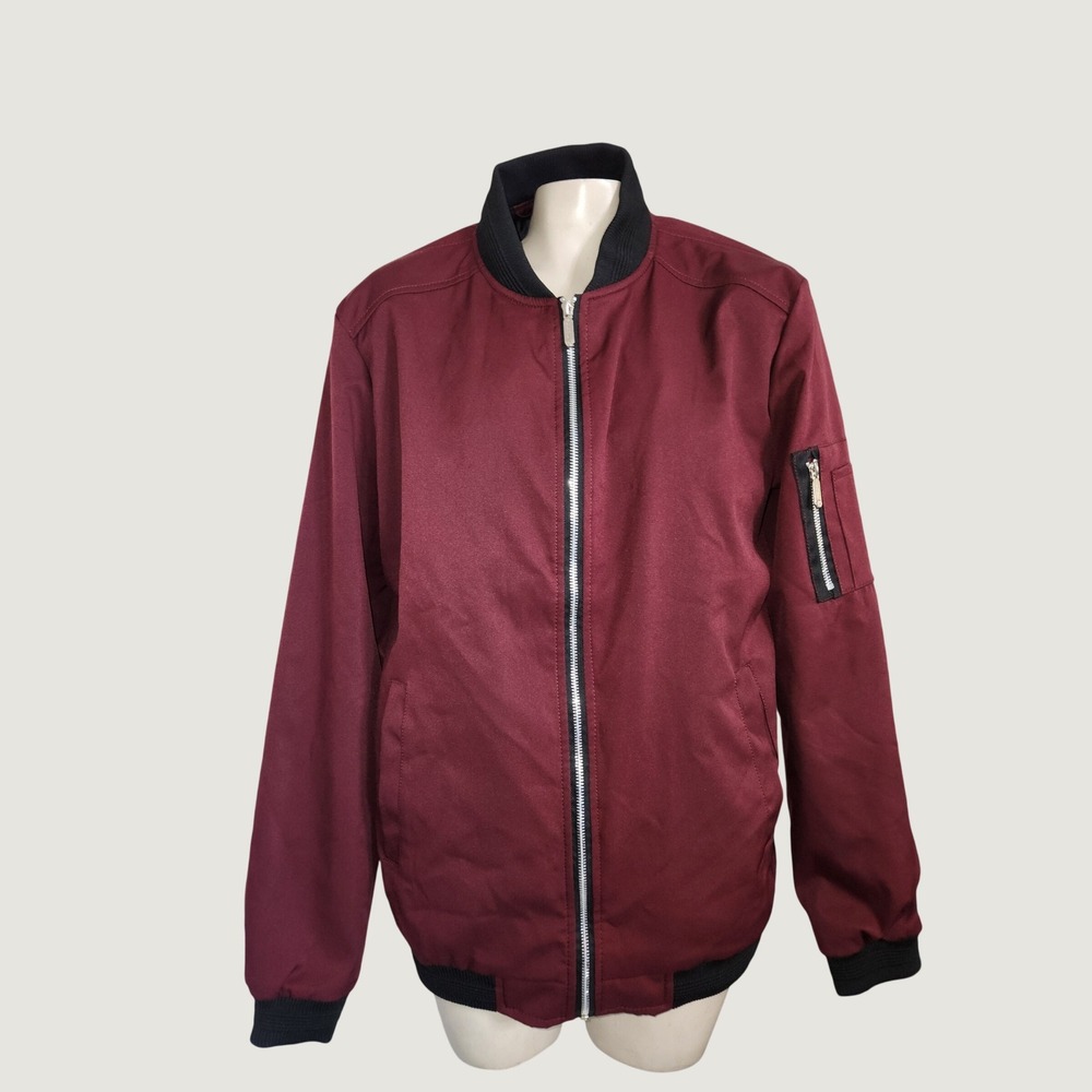 SHEIN Mens Burgundy Bomber Jacket Full Zip Utility Sleeve Pocket Large Maroon